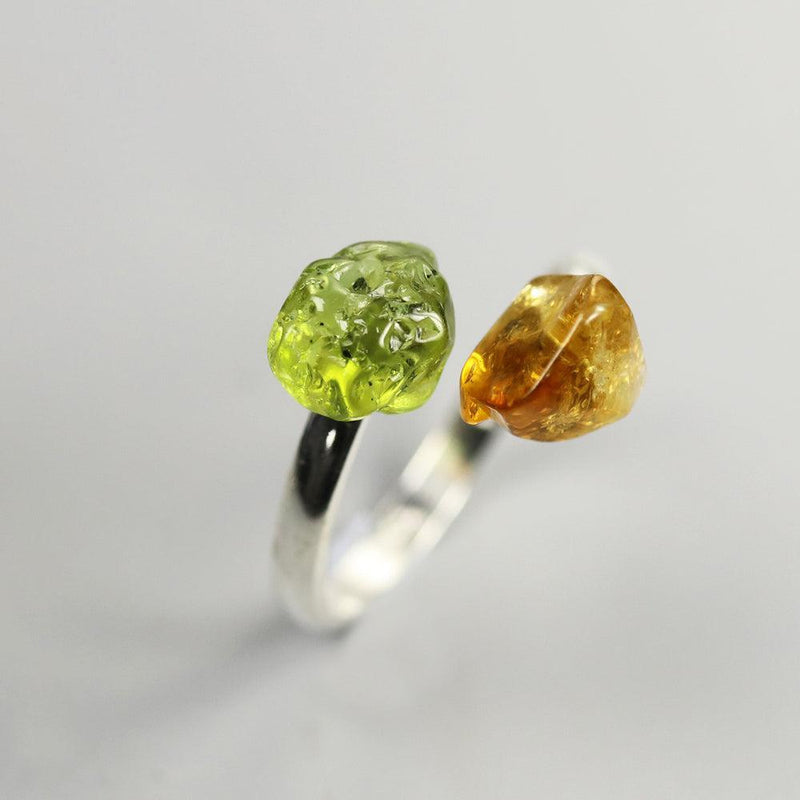 Artisan Crafted Sterling Silver Rough Cut Peridot and Citrine Bohemian Statement Ring - Lucid Fantasy 