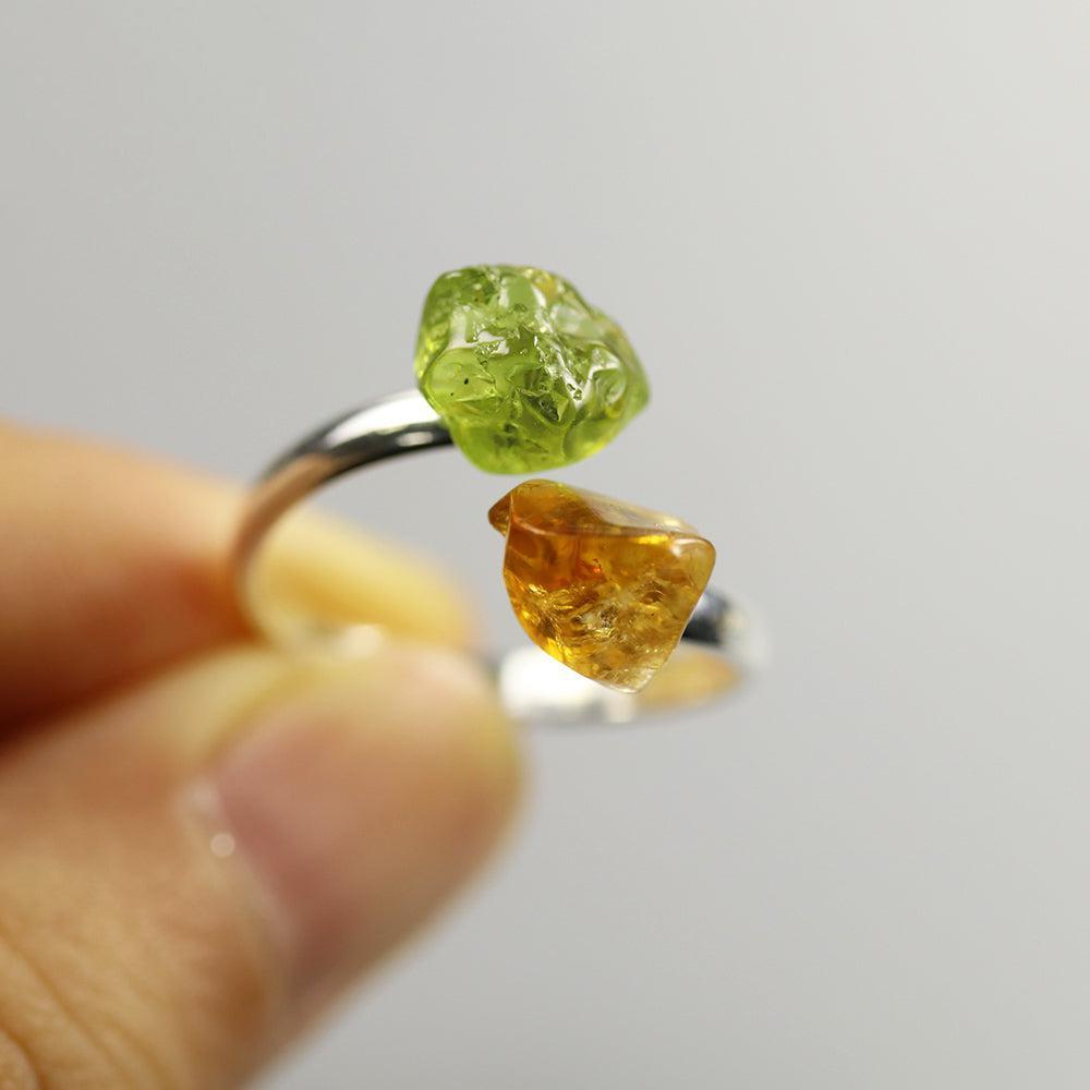 Artisan Crafted Sterling Silver Rough Cut Peridot and Citrine Bohemian Statement Ring - Lucid Fantasy 