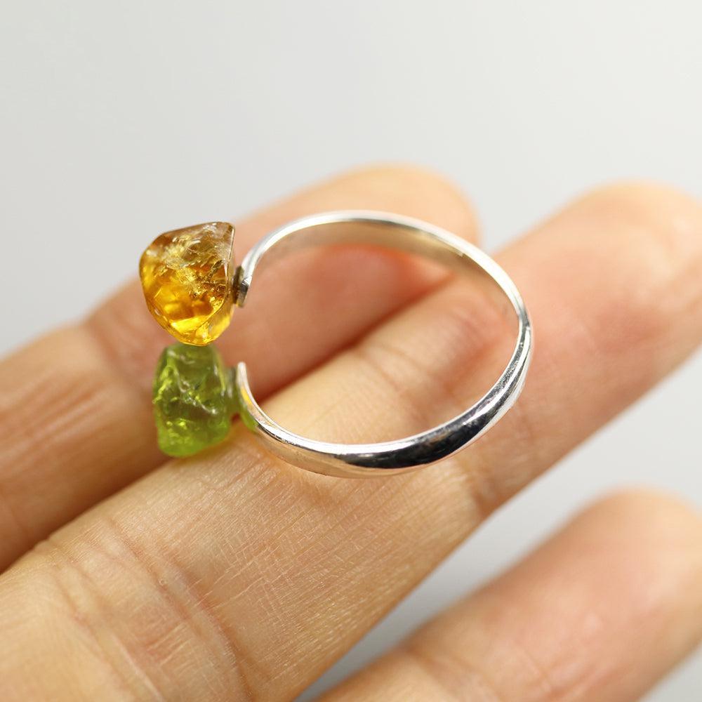 Artisan Crafted Sterling Silver Rough Cut Peridot and Citrine Bohemian Statement Ring - Lucid Fantasy 