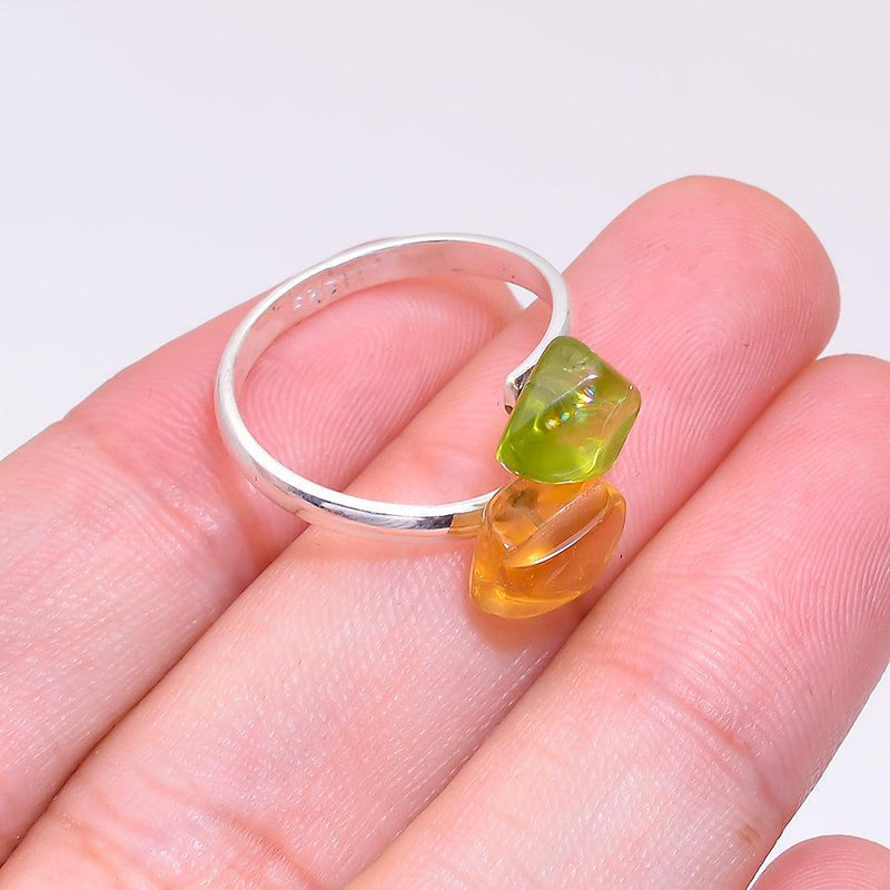 Artisan Crafted Sterling Silver Rough Cut Peridot and Citrine Bohemian Statement Ring - Lucid Fantasy 