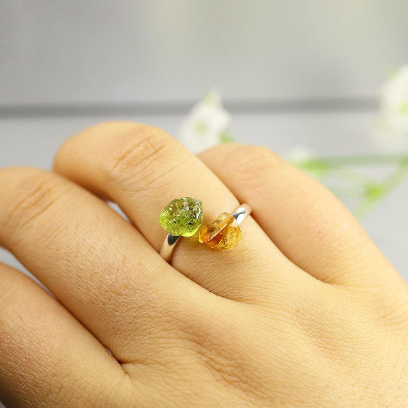 Artisan Crafted Sterling Silver Rough Cut Peridot and Citrine Bohemian Statement Ring - Lucid Fantasy 