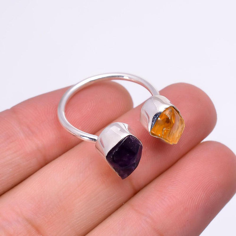 Artisan Crafted Sterling Silver Triple Gemstone Ring with Aquamarine, Apatite, and Amethyst-Citrine - Lucid Fantasy 