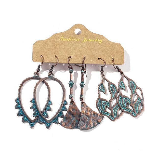 Bohemian Antique Copper Dangle Earrings - Set of 3 Unique Pairs - Lucid Fantasy 