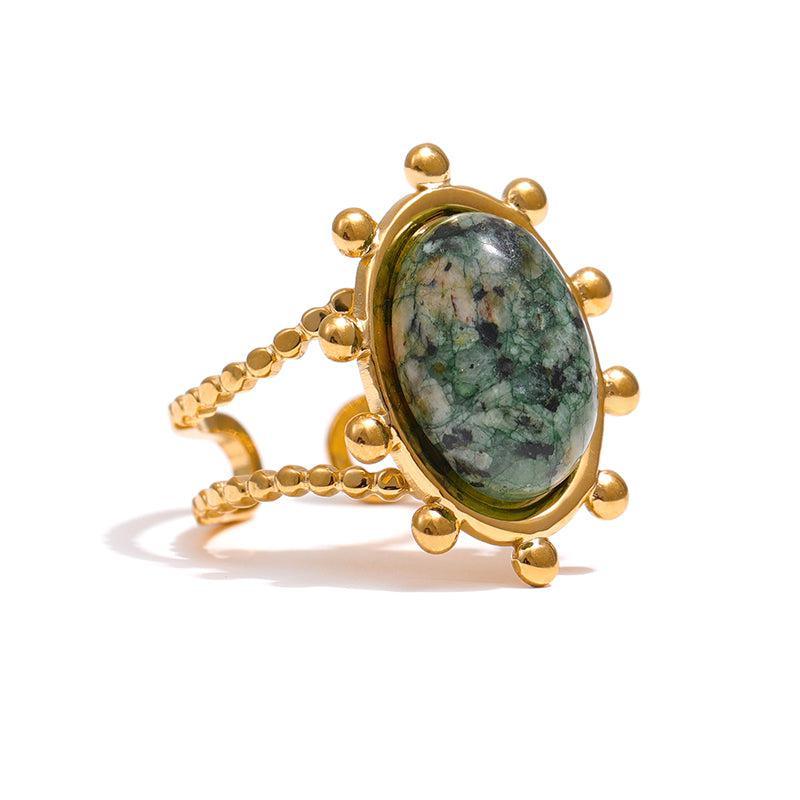 Bohemian Antique Gold-Plated Cuff Ring with African Turquoise Stone and Beaded Design - Lucid Fantasy 