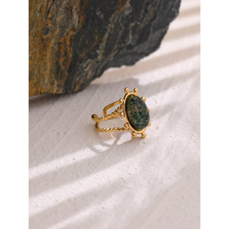 Bohemian Antique Gold-Plated Cuff Ring with African Turquoise Stone and Beaded Design - Lucid Fantasy 