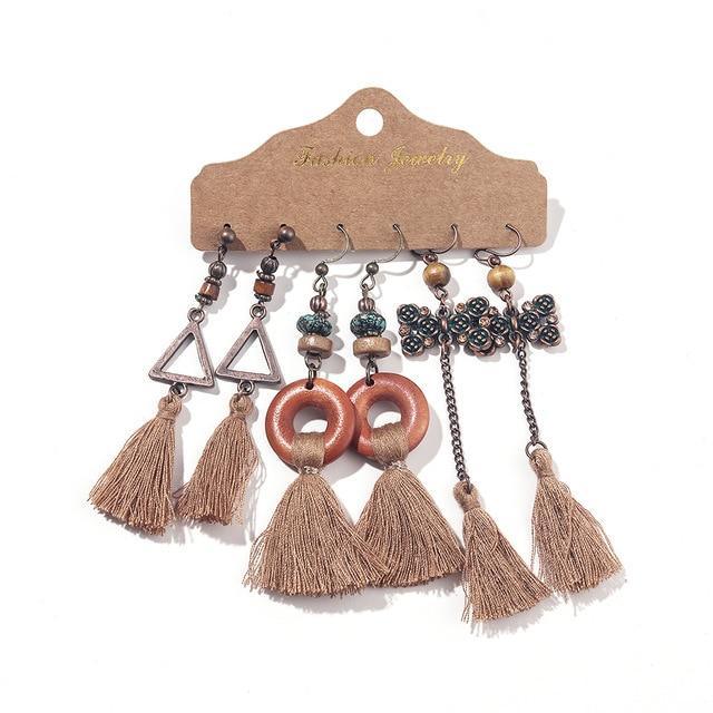 Bohemian Beige Tassel Dangle Earrings Set - 3 Pairs Variety - Lucid Fantasy 