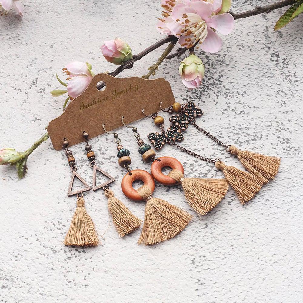 Bohemian Beige Tassel Dangle Earrings Set - 3 Pairs Variety - Lucid Fantasy 