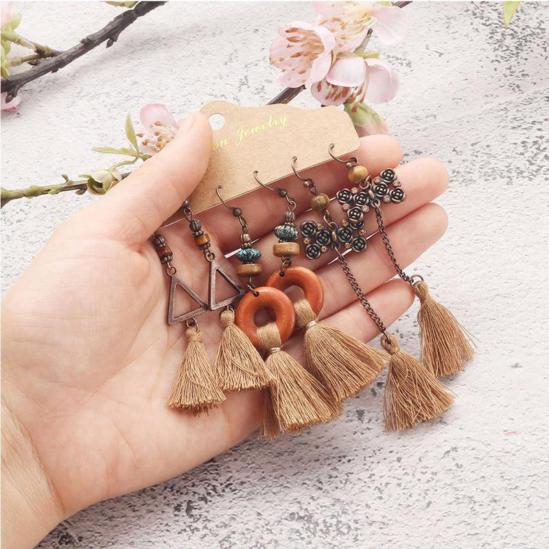 Bohemian Beige Tassel Dangle Earrings Set - 3 Pairs Variety - Lucid Fantasy 