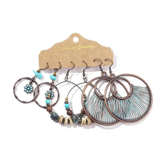 Bohemian Bronze Hoop Dangle Earrings Set - 3 Stylish Pairs - Lucid Fantasy 