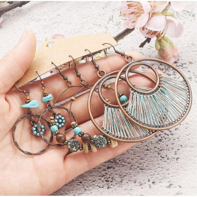 Bohemian Bronze Hoop Dangle Earrings Set - 3 Stylish Pairs - Lucid Fantasy 