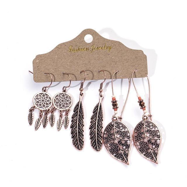 Bohemian Copper Alloy Dangle Earrings Set - 3 Pairs with Feather & Leaf Designs - Lucid Fantasy 