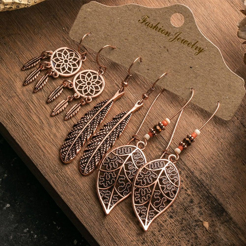 Bohemian Copper Alloy Dangle Earrings Set - 3 Pairs with Feather & Leaf Designs - Lucid Fantasy 