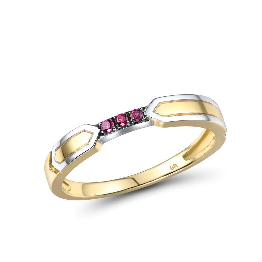 Bohemian Elegance: 9k Two Tone Gold Finger Ring with Triple Stone Created Ruby Pave - Lucid Fantasy 