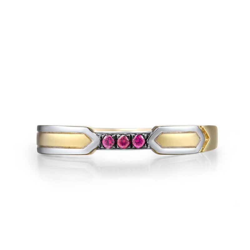 Bohemian Elegance: 9k Two Tone Gold Finger Ring with Triple Stone Created Ruby Pave - Lucid Fantasy 