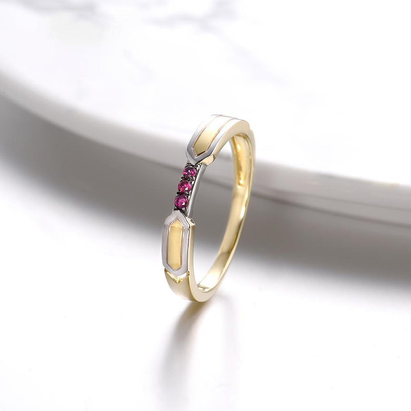 Bohemian Elegance: 9k Two Tone Gold Finger Ring with Triple Stone Created Ruby Pave - Lucid Fantasy 