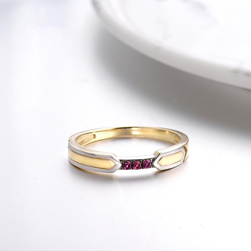 Bohemian Elegance: 9k Two Tone Gold Finger Ring with Triple Stone Created Ruby Pave - Lucid Fantasy 