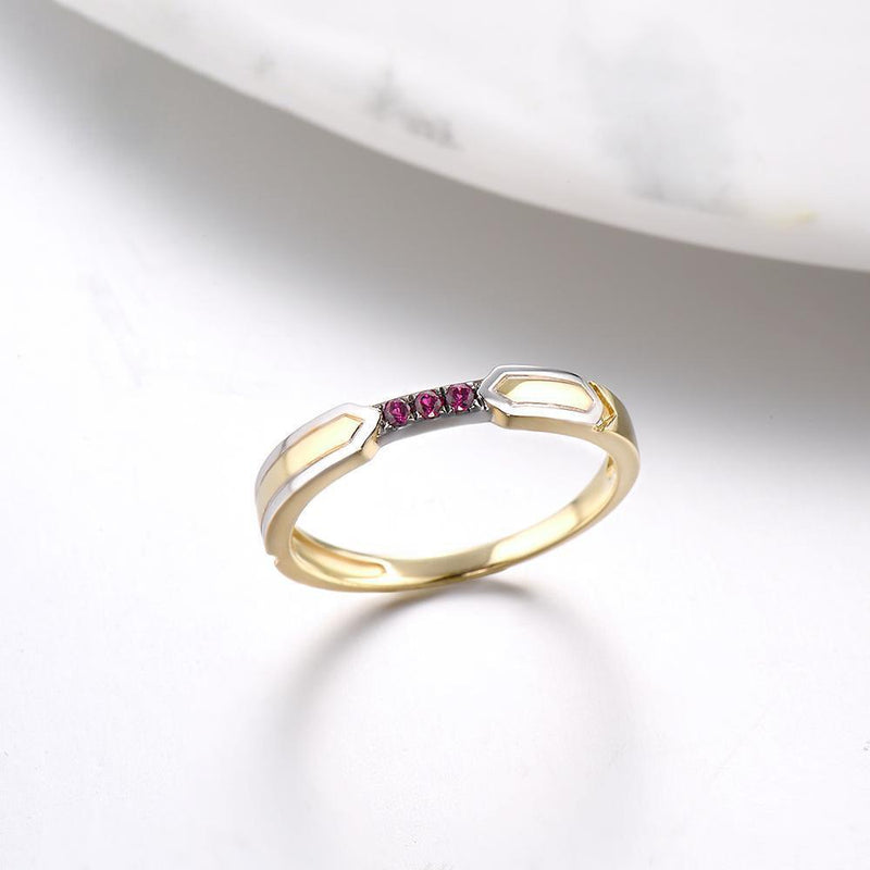 Bohemian Elegance: 9k Two Tone Gold Finger Ring with Triple Stone Created Ruby Pave - Lucid Fantasy 