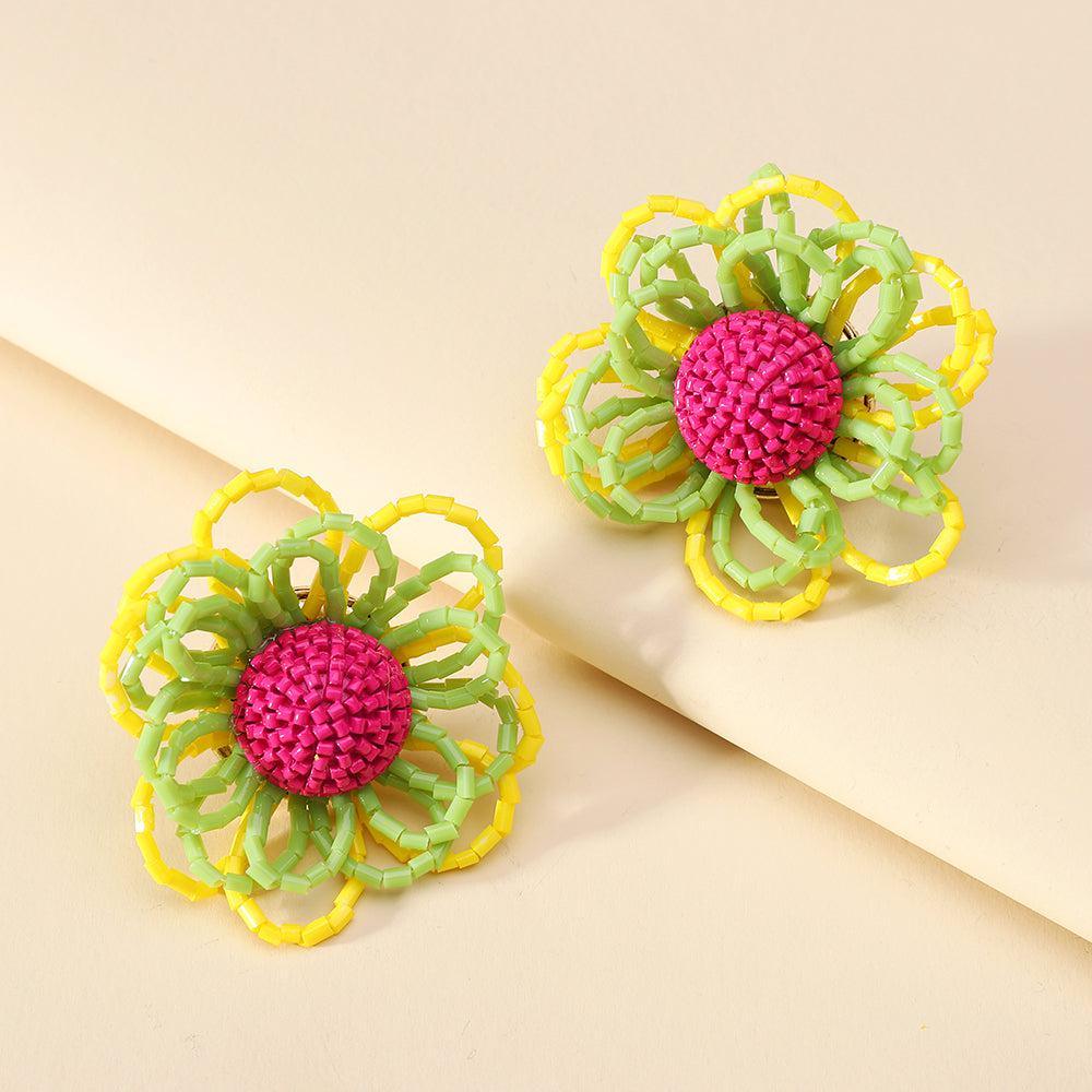 Bohemian Floral Beaded Stud Earrings with Retro Charm - Lucid Fantasy 