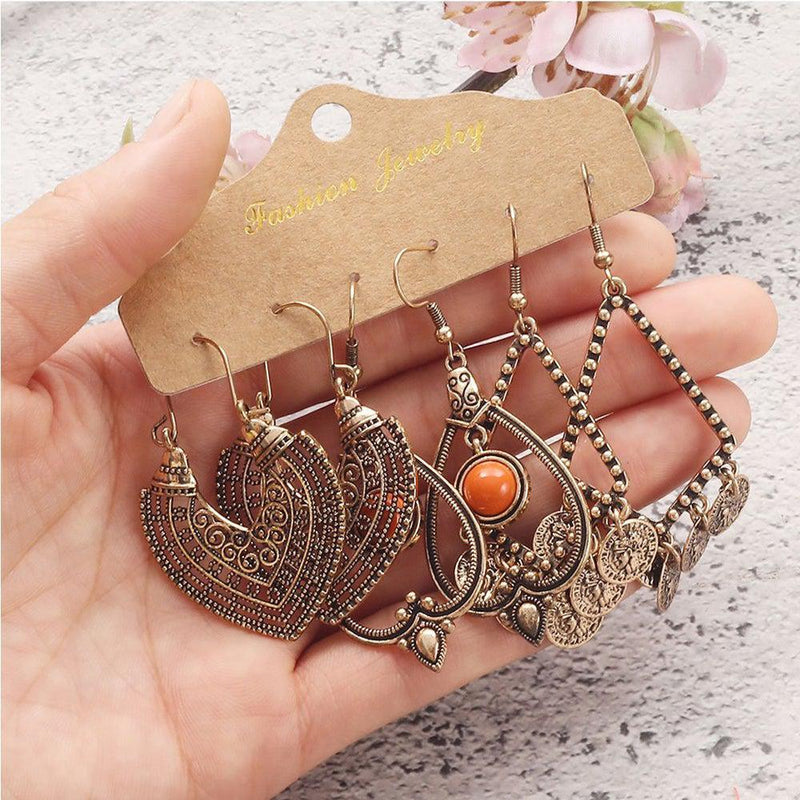 Bohemian Golden Dangle Earrings Set - 3 Pairs of Statement Jewelry - Lucid Fantasy 