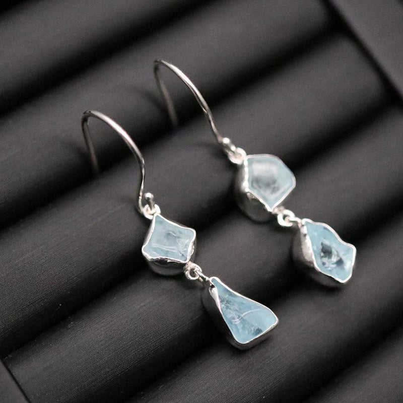 Bohemian Handmade Aquamarine Gemstone Sterling Silver Dangle Earrings - Lucid Fantasy 