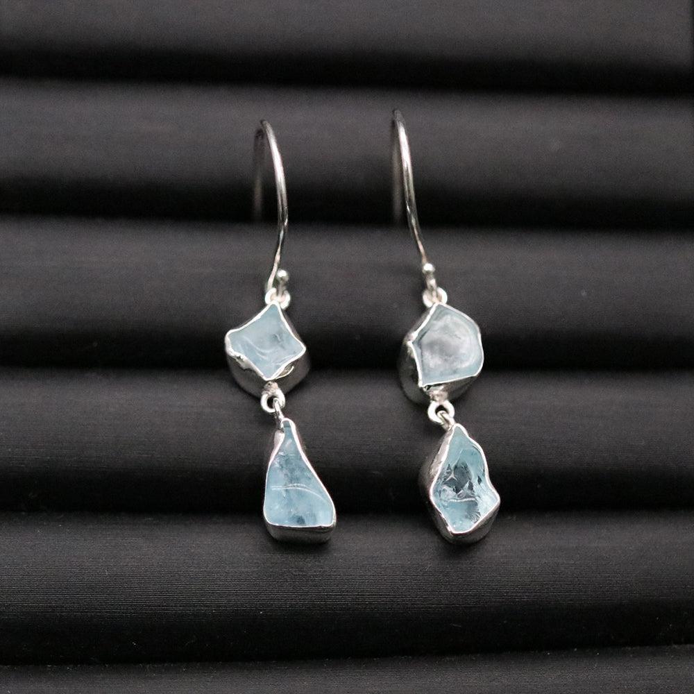 Bohemian Handmade Aquamarine Gemstone Sterling Silver Dangle Earrings - Lucid Fantasy 