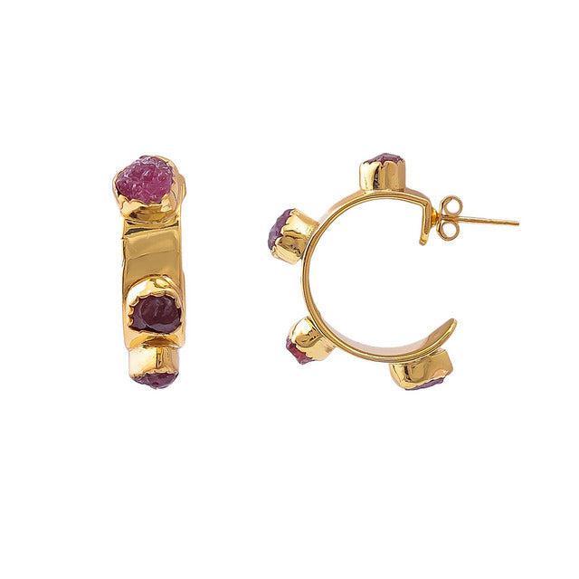 Bohemian Handmade Rough Cut Ruby and Tanzanite Gemstone Hoop Earrings in Sterling Silver - Lucid Fantasy 