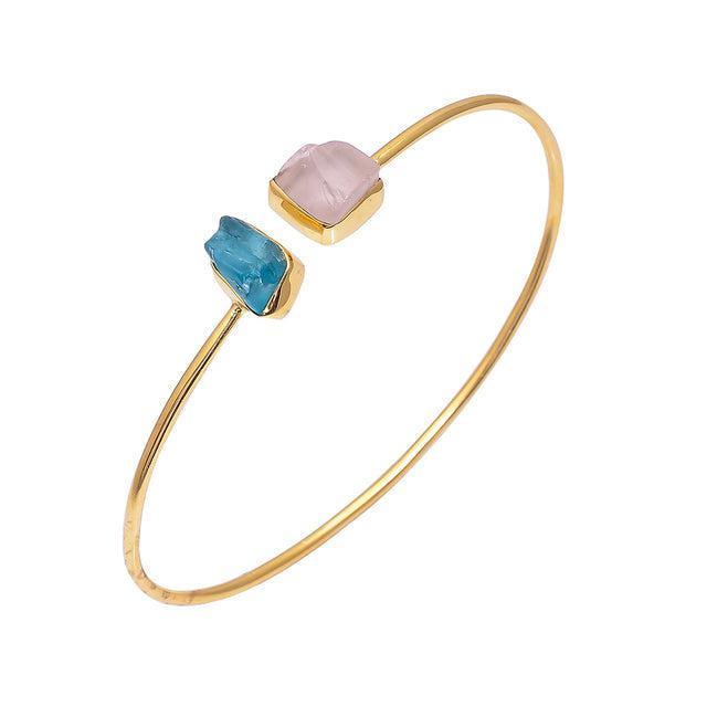 Bohemian Handmade Silver Bangle with Rough-Cut Apatite and Rose Quartz Gemstones - Lucid Fantasy 