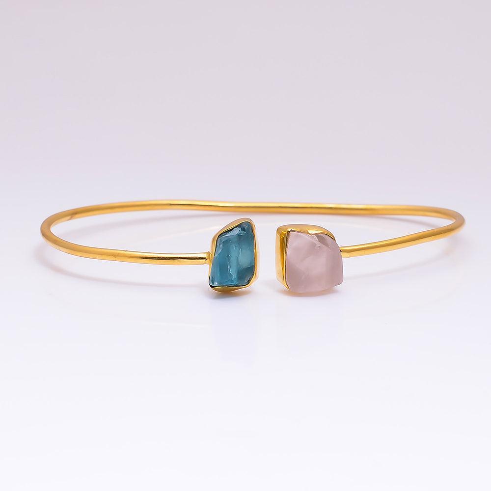 Bohemian Handmade Silver Bangle with Rough-Cut Apatite and Rose Quartz Gemstones - Lucid Fantasy 