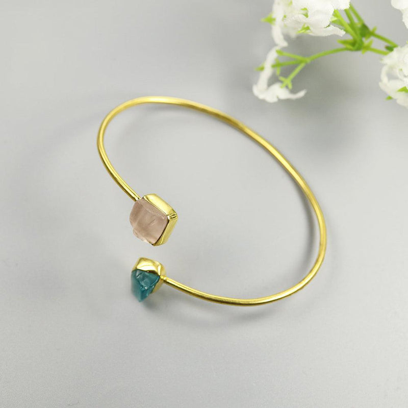 Bohemian Handmade Silver Bangle with Rough-Cut Apatite and Rose Quartz Gemstones - Lucid Fantasy 