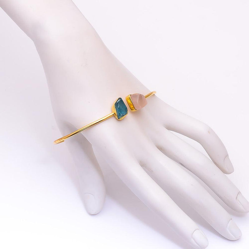 Bohemian Handmade Silver Bangle with Rough-Cut Apatite and Rose Quartz Gemstones - Lucid Fantasy 