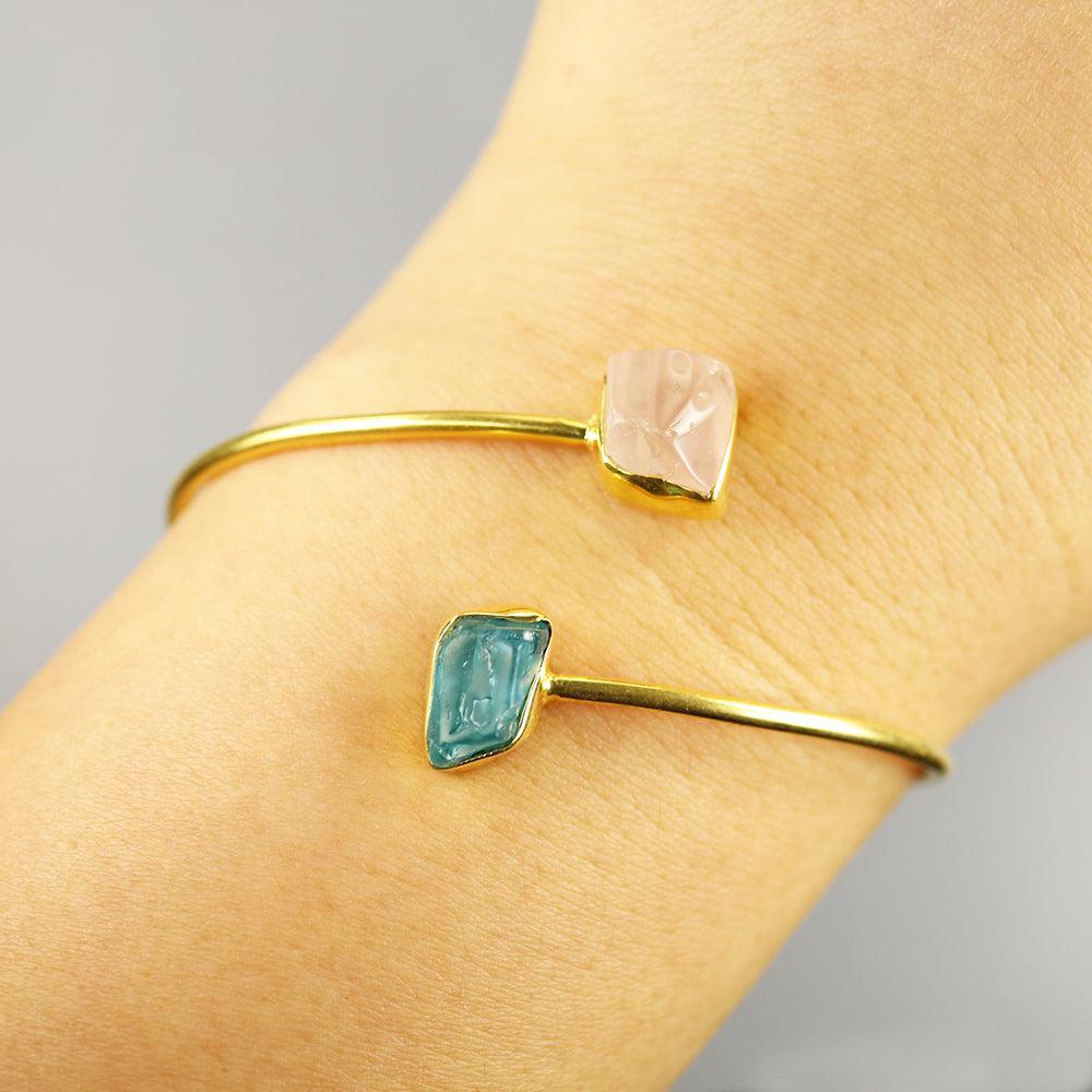 Bohemian Handmade Silver Bangle with Rough-Cut Apatite and Rose Quartz Gemstones - Lucid Fantasy 