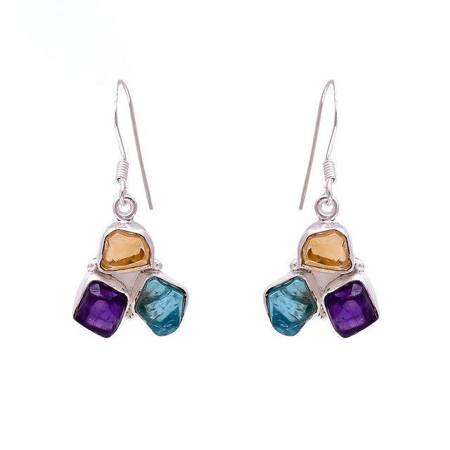 Bohemian Handmade Sterling Silver Chunky Gemstone Dangle Earrings with Rough Cut Citrine, Apatite, and Amethyst - Lucid Fantasy 