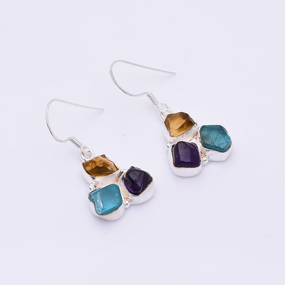 Bohemian Handmade Sterling Silver Chunky Gemstone Dangle Earrings with Rough Cut Citrine, Apatite, and Amethyst - Lucid Fantasy 