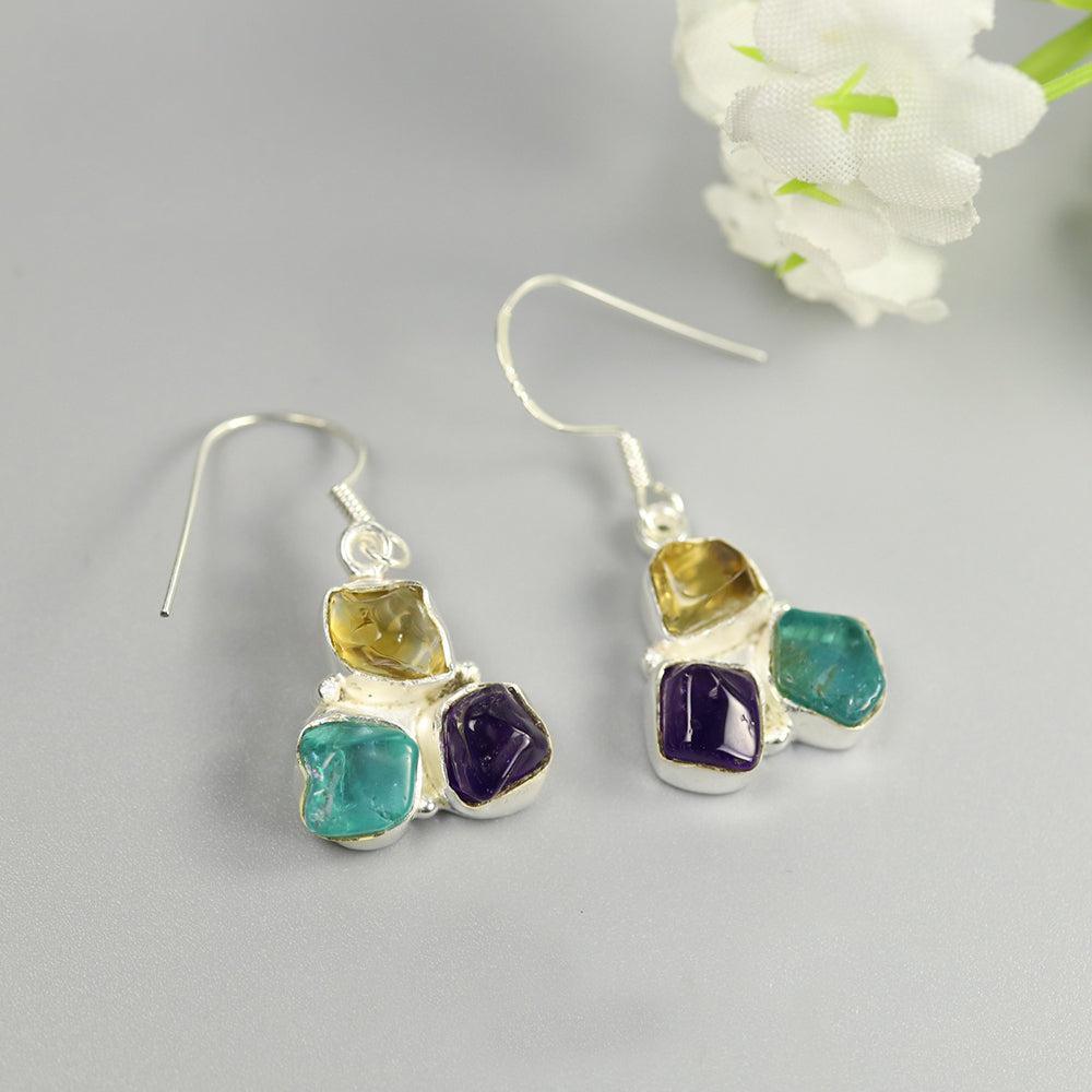 Bohemian Handmade Sterling Silver Chunky Gemstone Dangle Earrings with Rough Cut Citrine, Apatite, and Amethyst - Lucid Fantasy 