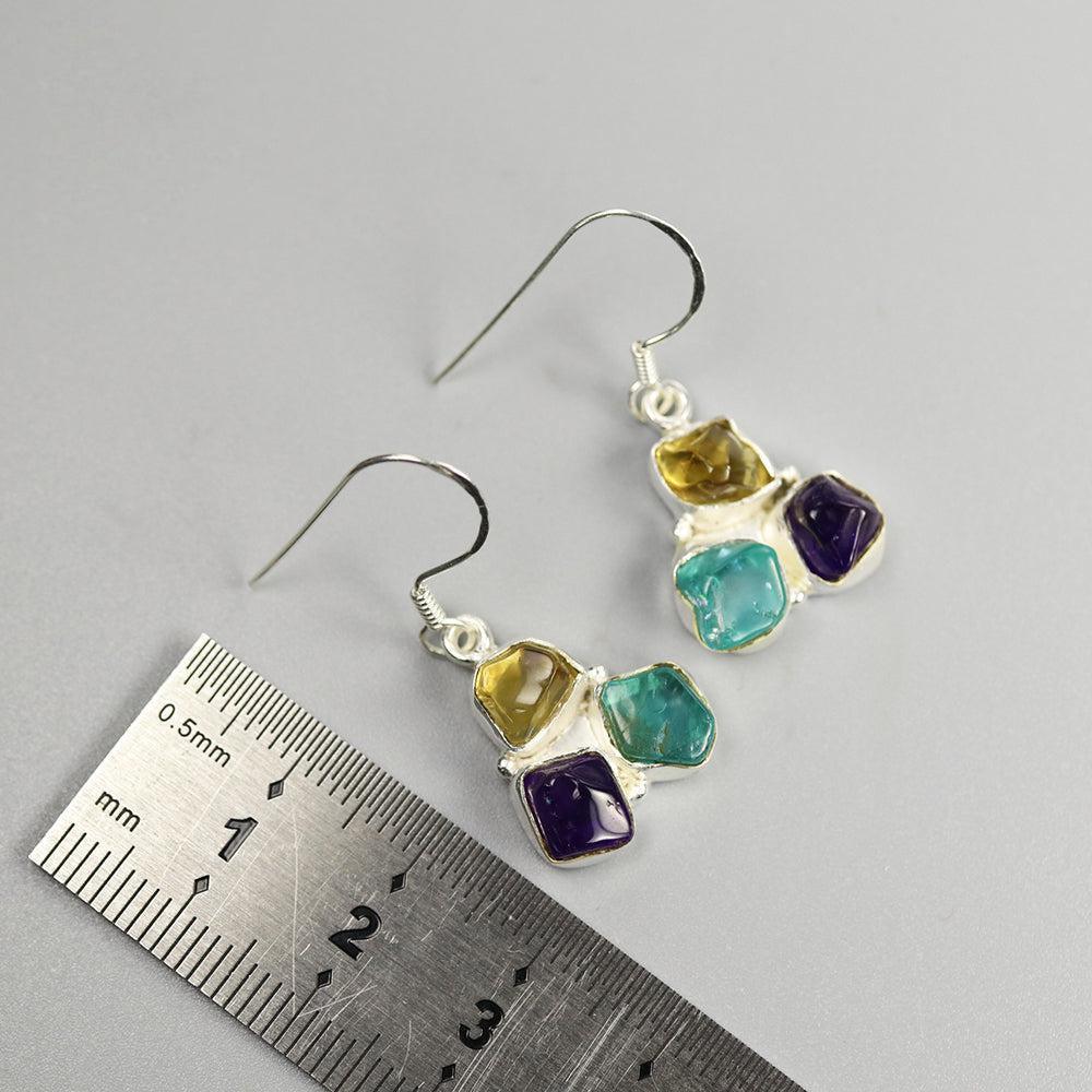 Bohemian Handmade Sterling Silver Chunky Gemstone Dangle Earrings with Rough Cut Citrine, Apatite, and Amethyst - Lucid Fantasy 