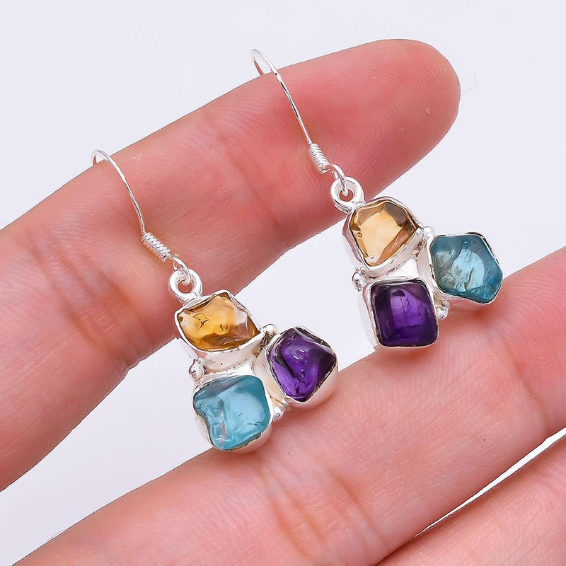 Bohemian Handmade Sterling Silver Chunky Gemstone Dangle Earrings with Rough Cut Citrine, Apatite, and Amethyst - Lucid Fantasy 