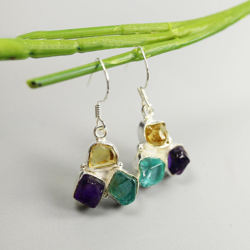 Bohemian Handmade Sterling Silver Chunky Gemstone Dangle Earrings with Rough Cut Citrine, Apatite, and Amethyst - Lucid Fantasy 