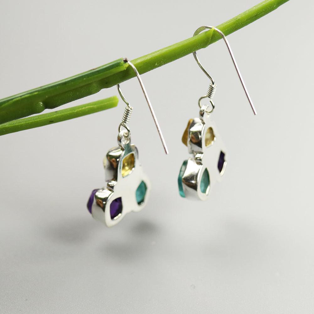 Bohemian Handmade Sterling Silver Chunky Gemstone Dangle Earrings with Rough Cut Citrine, Apatite, and Amethyst - Lucid Fantasy 