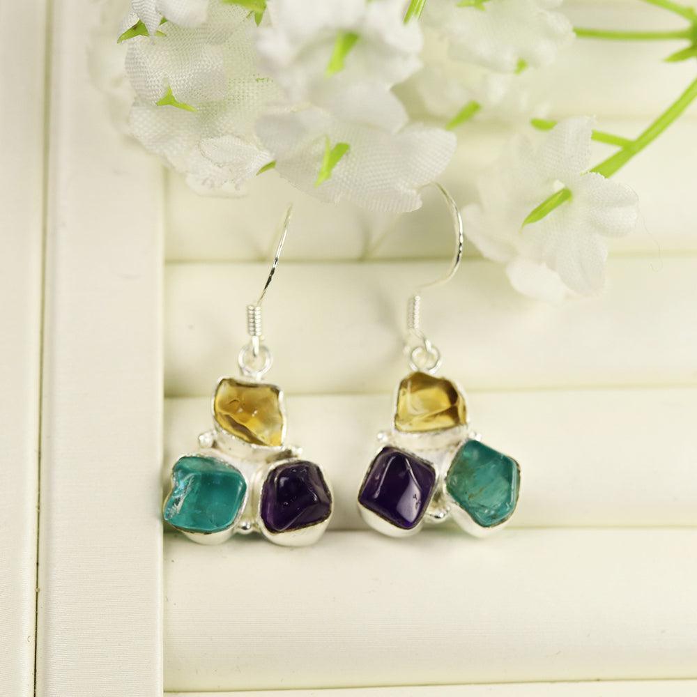 Bohemian Handmade Sterling Silver Chunky Gemstone Dangle Earrings with Rough Cut Citrine, Apatite, and Amethyst - Lucid Fantasy 