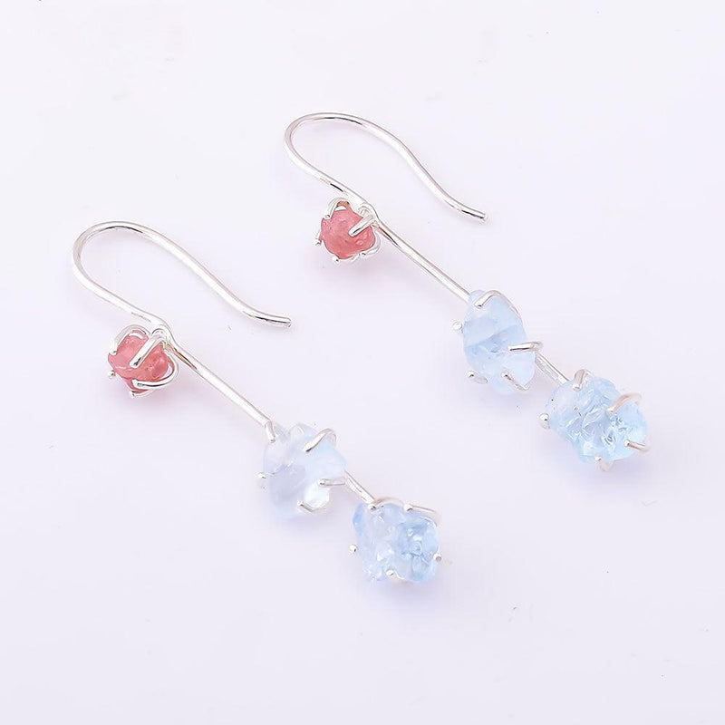 Bohemian Handmade Sterling Silver Double Style Rough-Cut Spinel and Aquamarine Dangle Earrings - Lucid Fantasy 