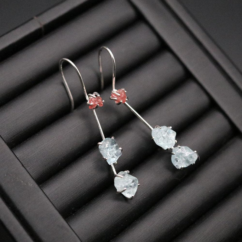 Bohemian Handmade Sterling Silver Double Style Rough-Cut Spinel and Aquamarine Dangle Earrings - Lucid Fantasy 