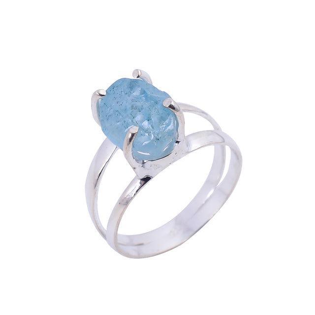 Bohemian Handmade Sterling Silver Rough-Cut Aquamarine Double Union Ring - Lucid Fantasy 