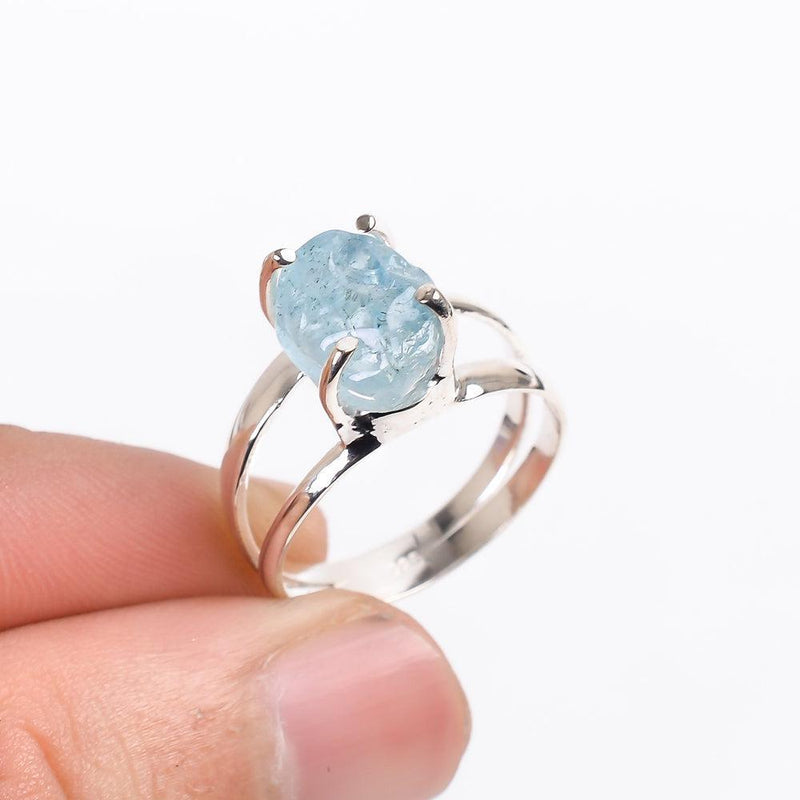 Bohemian Handmade Sterling Silver Rough-Cut Aquamarine Double Union Ring - Lucid Fantasy 