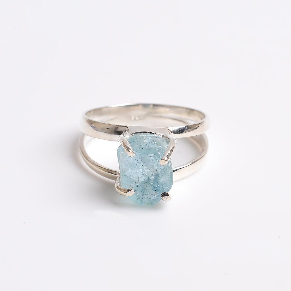 Bohemian Handmade Sterling Silver Rough-Cut Aquamarine Double Union Ring - Lucid Fantasy 