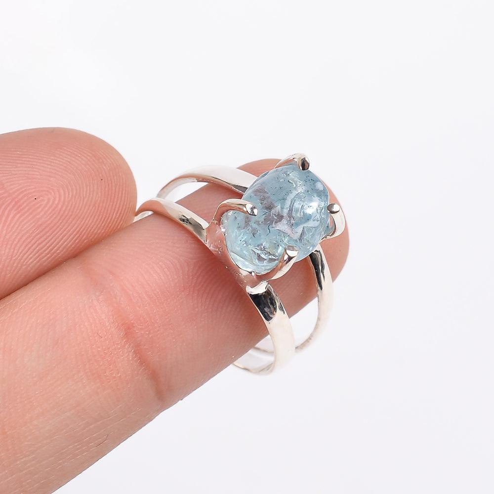 Bohemian Handmade Sterling Silver Rough-Cut Aquamarine Double Union Ring - Lucid Fantasy 