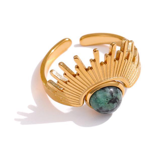 Bohemian-Inspired Antique Gold Open Cuff Ring with Natural Stone Accents - Lucid Fantasy 