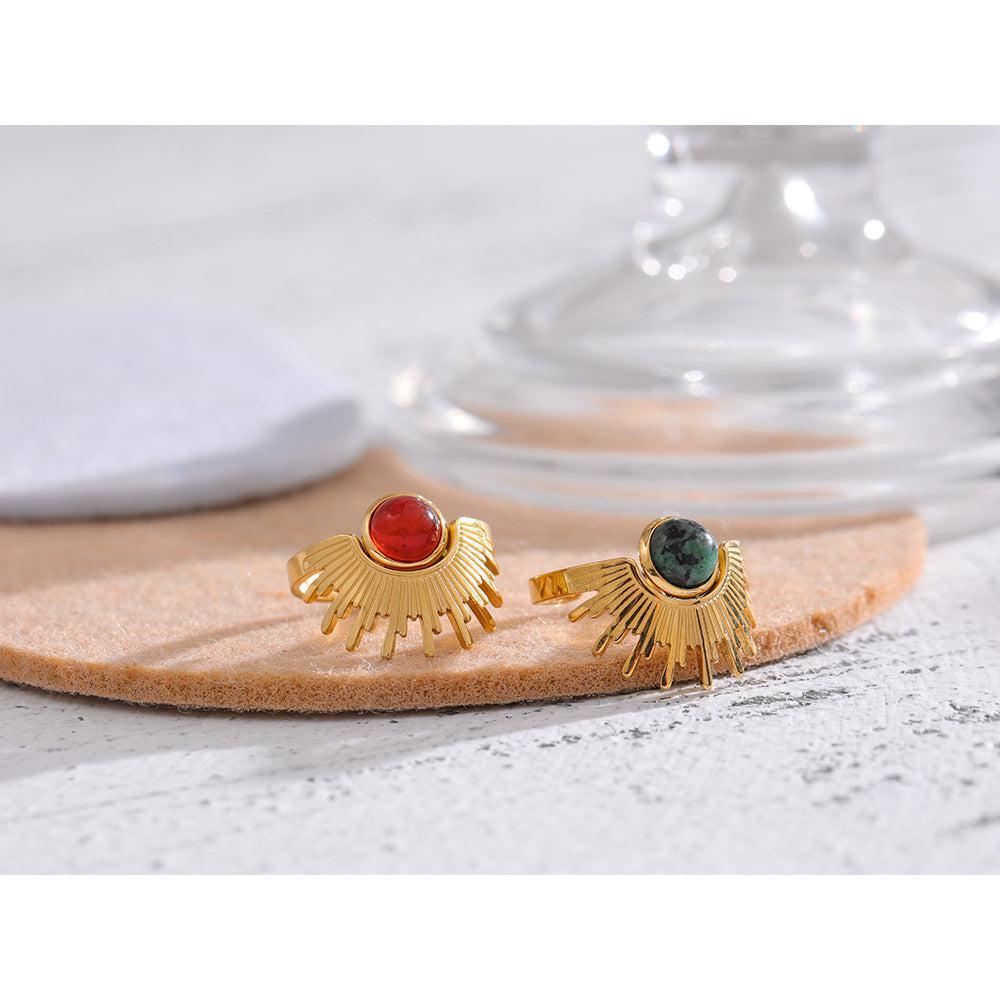 Bohemian-Inspired Antique Gold Open Cuff Ring with Natural Stone Accents - Lucid Fantasy 