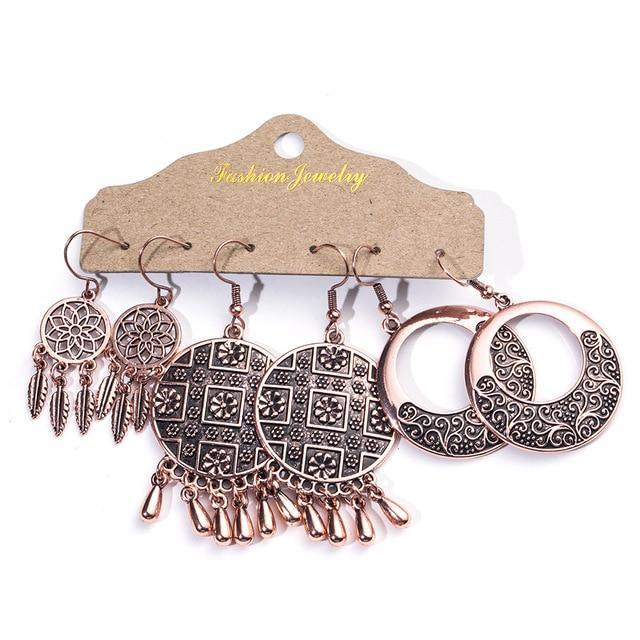 Bohemian-Inspired Dangle Earrings Set - Antique Native & Roman Fusion (3 Pairs) - Lucid Fantasy 