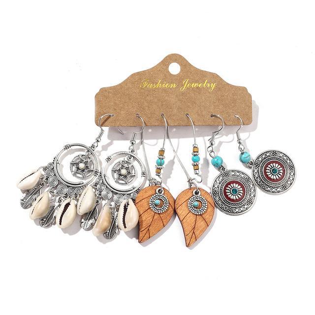 Bohemian-Inspired Dangle Earrings Set - Leaf & Shell Trio - Lucid Fantasy 