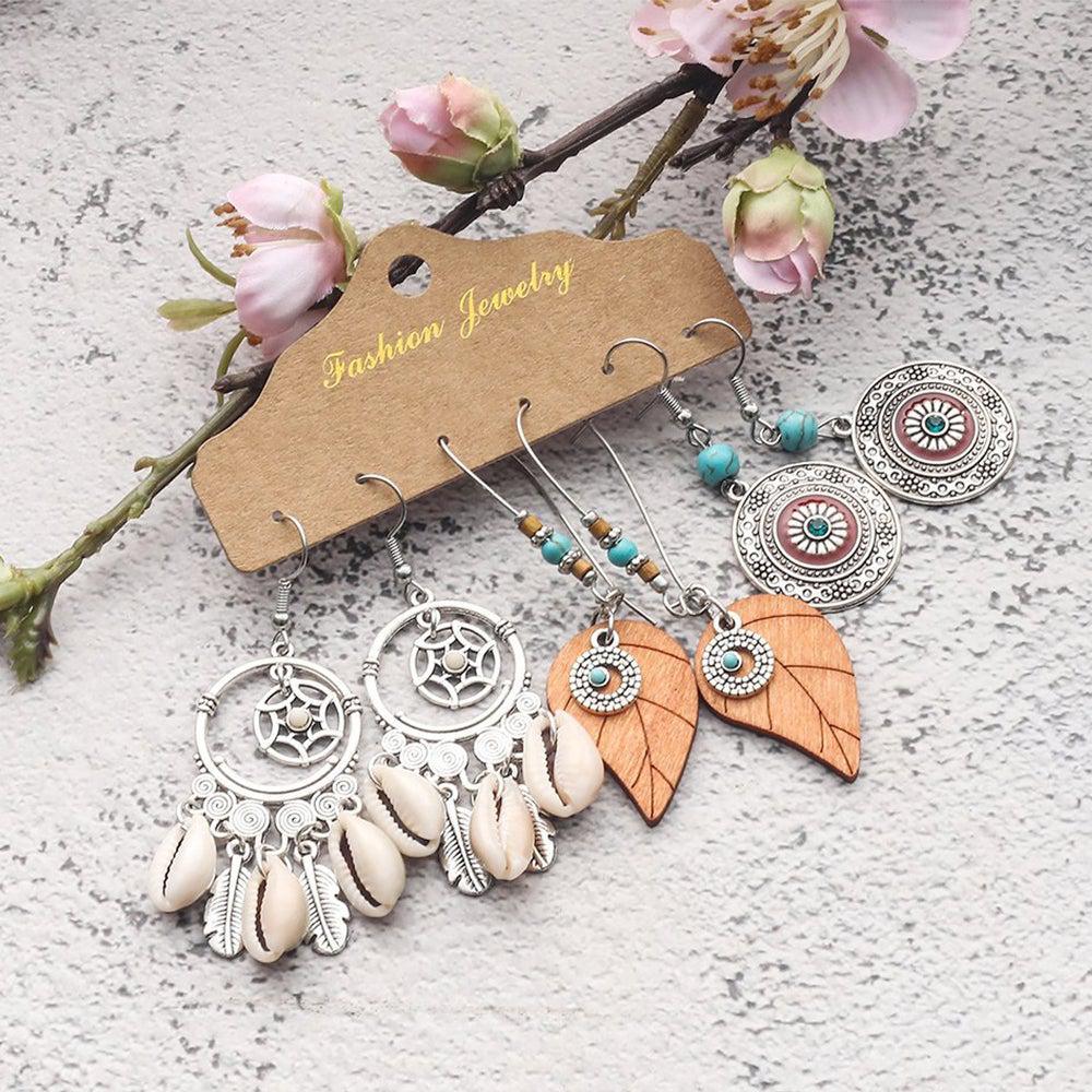 Bohemian-Inspired Dangle Earrings Set - Leaf & Shell Trio - Lucid Fantasy 